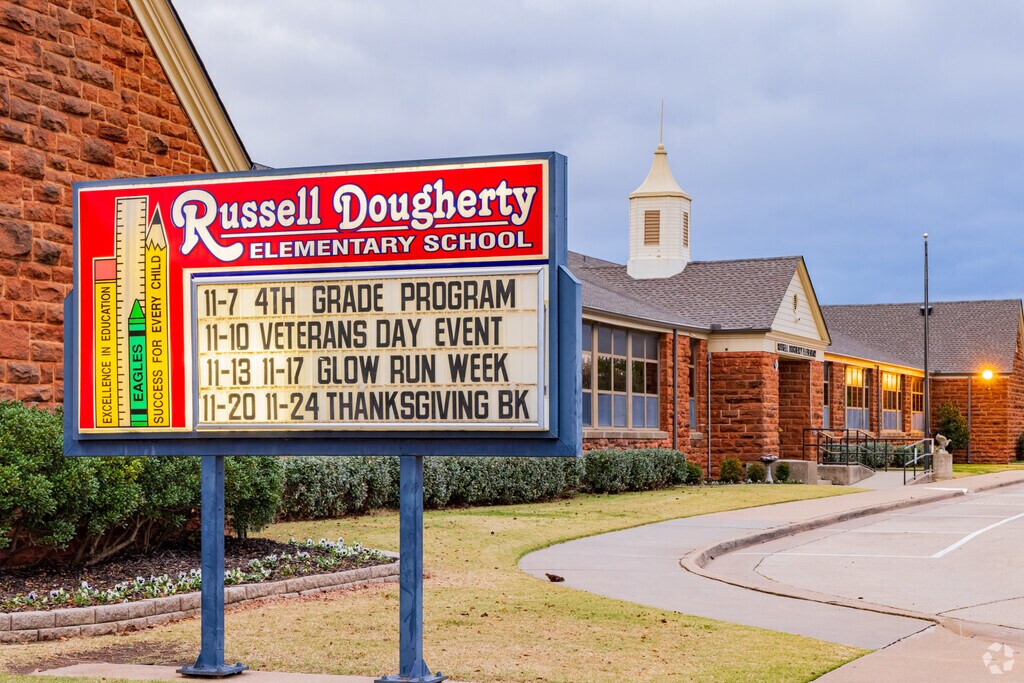 Close up shot of the signage of Russell Dougherty Elementary School.