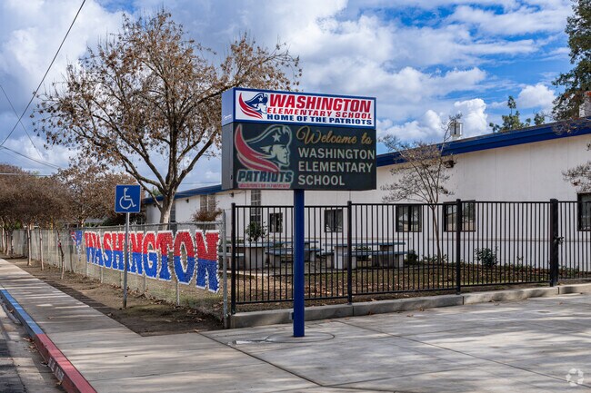 The lighted marquee greets students at the entrance to Washington Elementary School in Visalia.