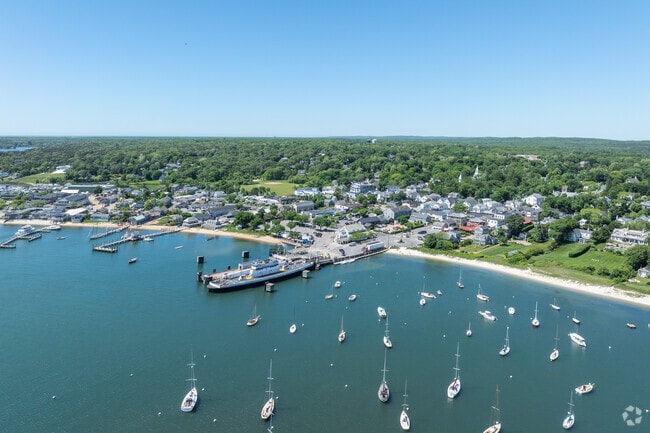 Boats fill the Vineyard Haven harbor in the summer months.