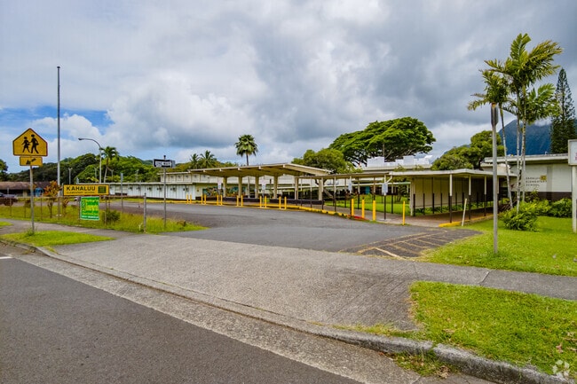 A crosswalk safely assists students entering and leaving Kahaluu Elementary School.