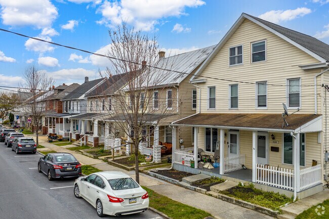 Single family homes sit next to duplexes along walkable sidewalks in Lemoyne.