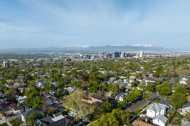 Downtown Salt Lake City skyline seen from The Avenues neighborhood.