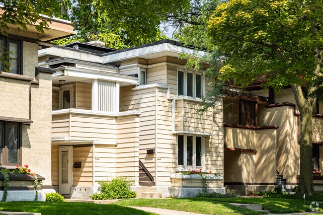 Rows of Frank Lloyd Wright-inspired homes add charm to the area of Clarke Square.