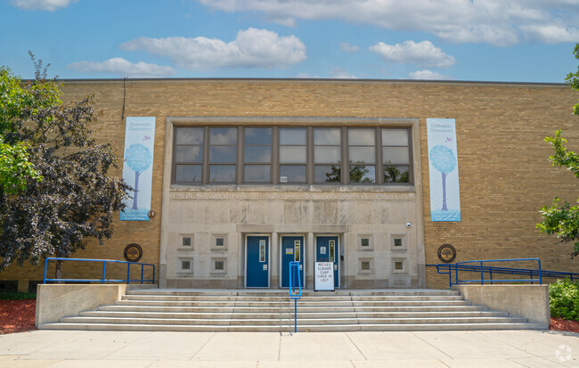 Eberwhite Elementary School sits on a hill just east of Eberwhite Woods.