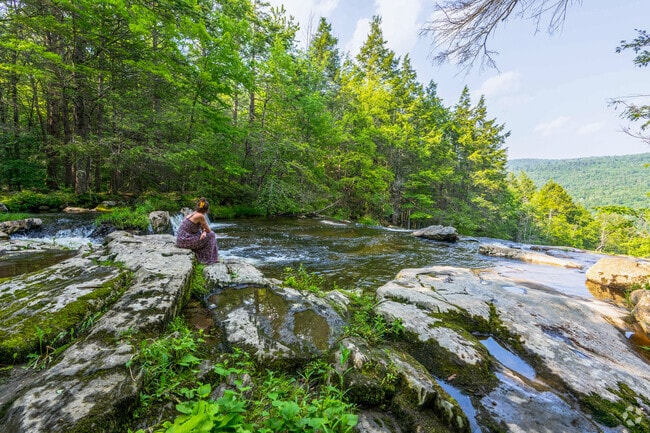 A woman in Middlefield enjoys the scenic view while gazing over Glendale Falls’ waterfall.