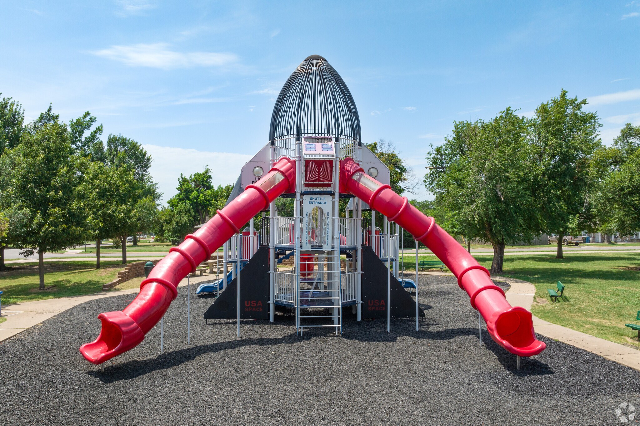 Kids love playing on the spaceship playground at Chitwood Park.