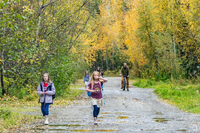 Salcha residents walk along the scenic roads lined with vibrant trees.