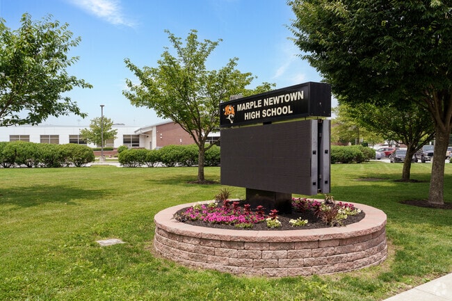 Beautiful and tasteful landscaping surround Marple Newtown High School.