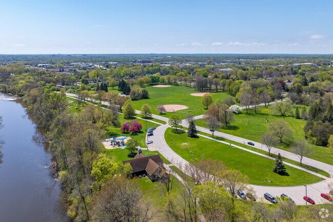 Kletzsch Park has open green spaces and river frontage.
