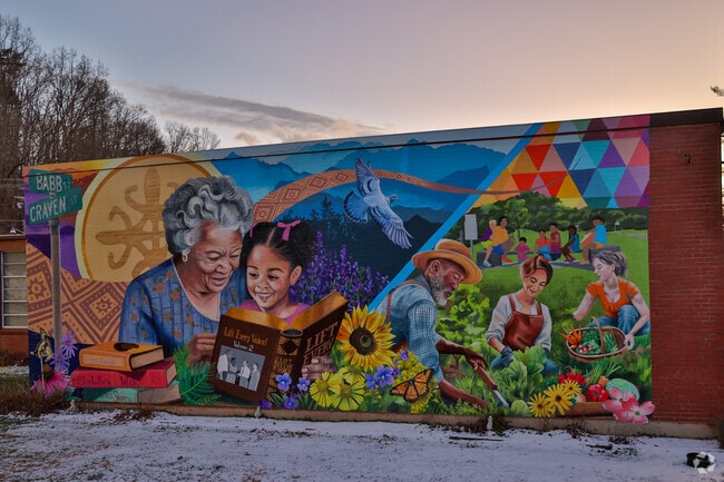 Colorful murals adorn the wall of the community center in Waynesville.