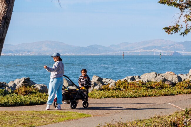 Emeryville Marina Park features panoramic bay views and scenic trails.