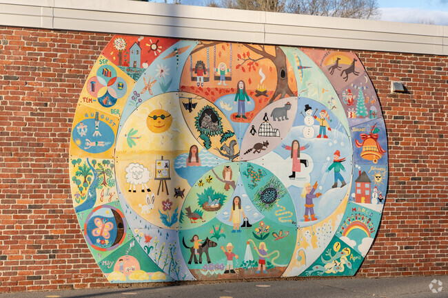 A beautiful mural draws attention outside of the Loker Elementary School in Cochituate, MA.