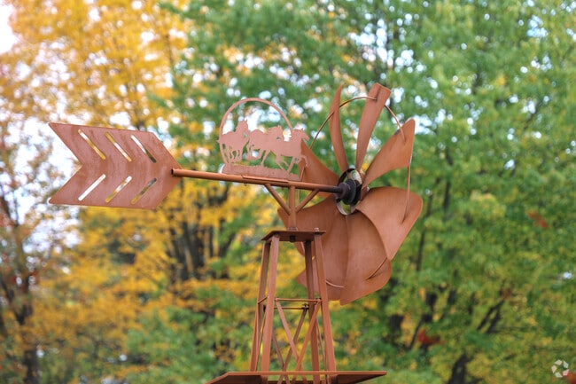 Decorative windmills add color to Burnett Road.