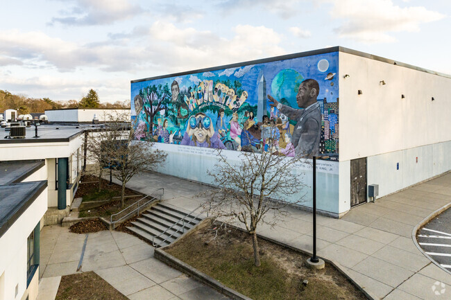 An inspirational MLK mural draws attention to the Wayland Middle School in Cochituate, MA.