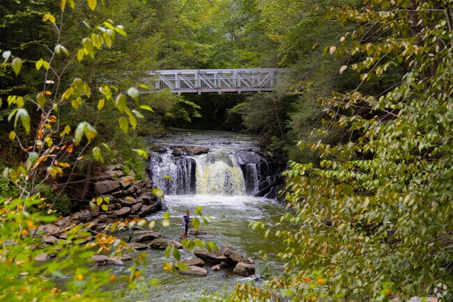 A scenic waterfall creates a peaceful backdrop at Sweet Arrow Falls.