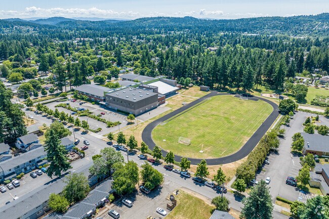 The Ron Russell Middle School resides next to a small, apartment complex.