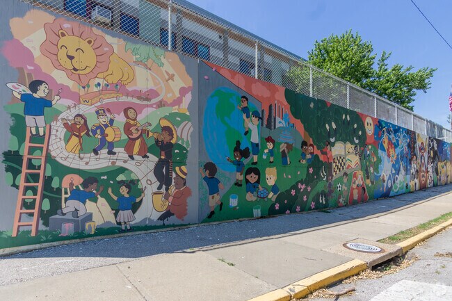Mural of children doing many different activities in Whittier Elementary School.