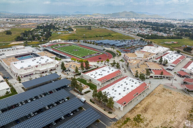 Aerial View of Football Field and Hills at Paloma Valley High School in Paloma Valley