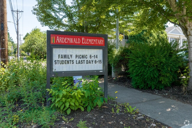 A bright sign welcomes students and parents to Ardenwald Elementary School in Portland.