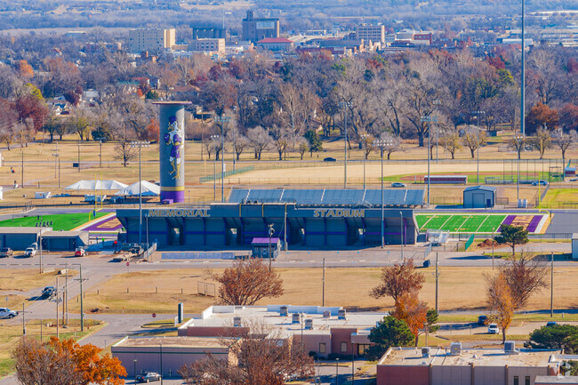 Sunny aerial view reveals the Memorial Stadium