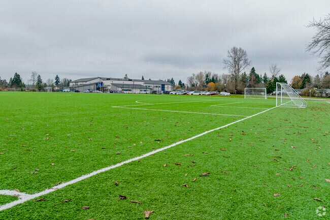 Ready to score a goal at the nets of the soccer field.