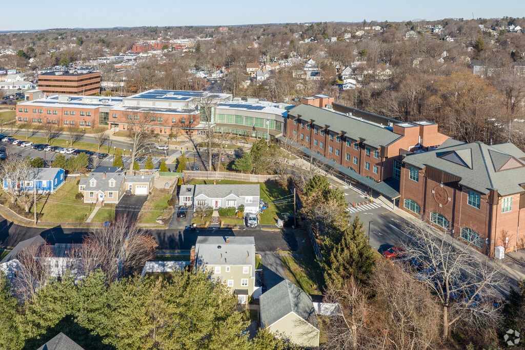 An aerial overview of the Stoneham Central Middle School in Stoneham, MA.