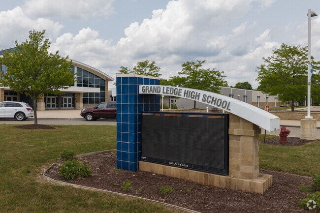 Entrance sign to Grand Ledge High school on the edge of downtown Grand Ledge.