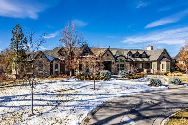 A mansion with intricate stonework and large bay windows in Cherry Hills Village, CO.
