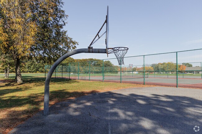 Awaiting a pick-up game, a backetball court at Glenlyon Playground in Phillipsdale, RI.