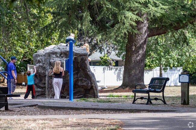 Children can climb the rock wall at Takena Park in Albany, Oregon.