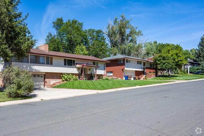 Traditional split-level homes along the street in Northmoor Estates, Broomfield, Colorado.