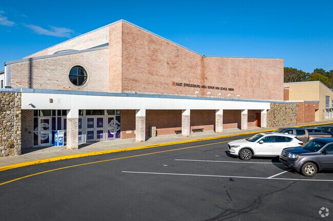 The angled entrance to East Stroudsburg South Senior High School, in East Stroudsburg, PA.