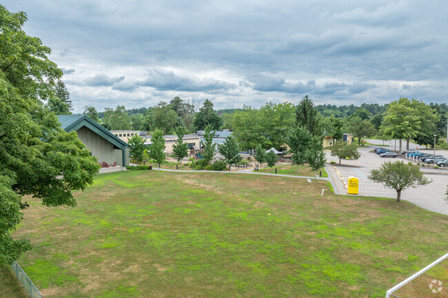 The lawn and soccer field in front of the Oak Meadow Montessori School in Littleton, MA.