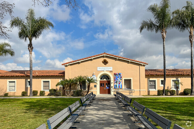 Lincoln Elementary School benches and front entrance.