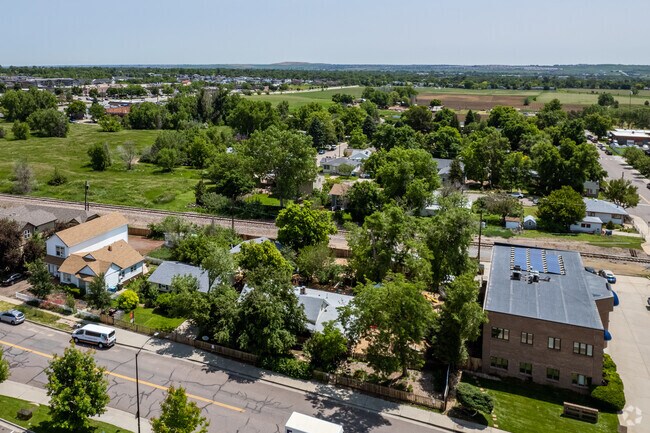 Aerial context view facing northeast of The Patchwork School located in Louisville, Colorado
