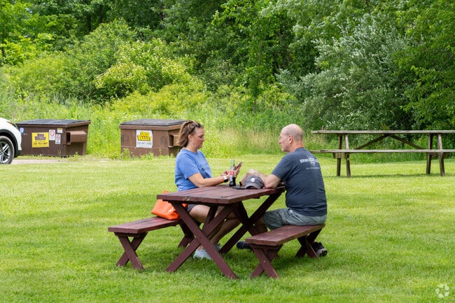 Residents of Brimfield enjoy lunch from Joe's Barbecue at a picnic table.