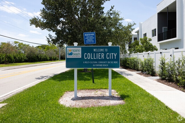 Welcome sign at the entrance of Collier City in Pompano Beach, Florida.