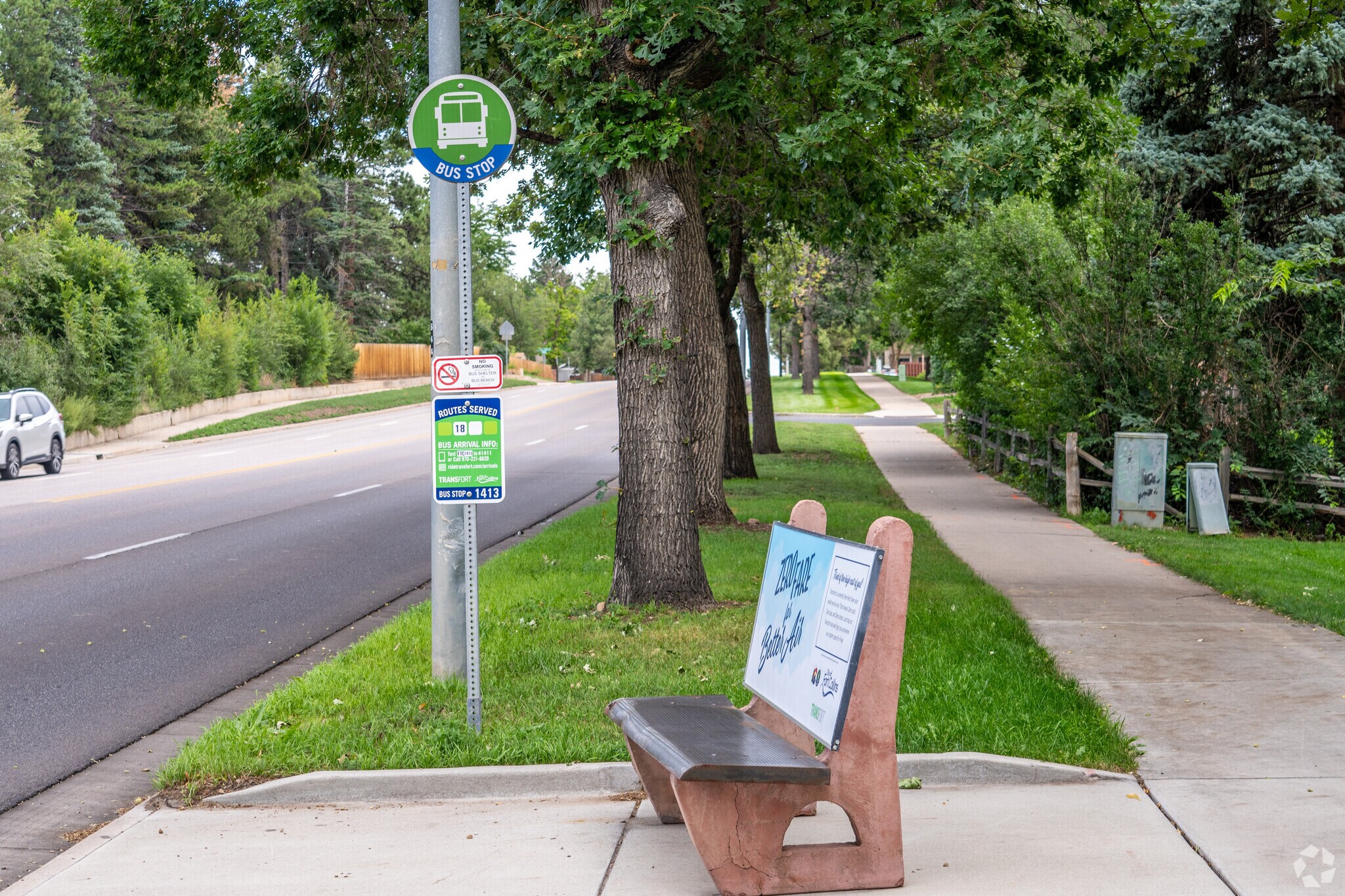 The Transfort bus stop connects Edora Acres to the rest of Fort Collins.