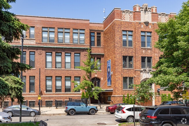 Entrance and street view St. Clement School Private Pre-K, Elementary, Chicago.