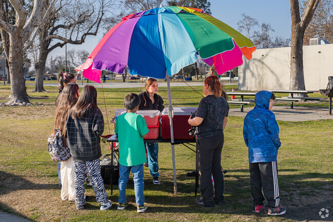 A young vendor at Lowell Park sells frozen treats to Lakeview students as they leave school.