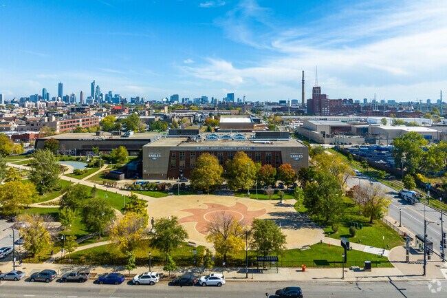 Juarez Community Academy High School has a nice courtyard in front of the school.