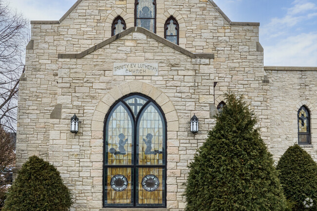 The church at Trinity Lutheran School in the Wisconsin Dells has ornate stained glass.