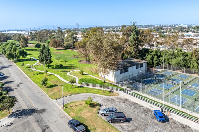 View of DeForest Park showing the long walking paths and tennis courts.
