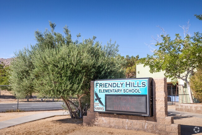 Sign for school announcements seen at Friendly Hills Elementary School in Joshua Tree.