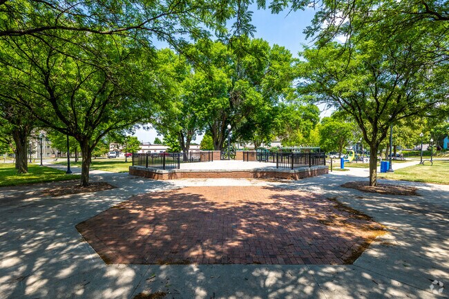 In the center of Stewart Square Park is a shaded stage and viewing area for Capitol East events.