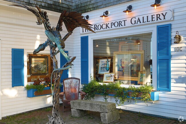 Dragon Sculpture greets visitors on Main Street outside The Rockport Gallery.