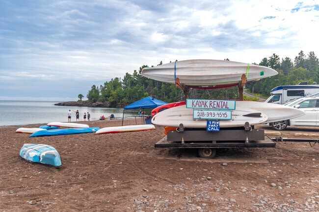 Burlington Bay Beach Park in Two Harbors offers kayak rentals for lake outings.
