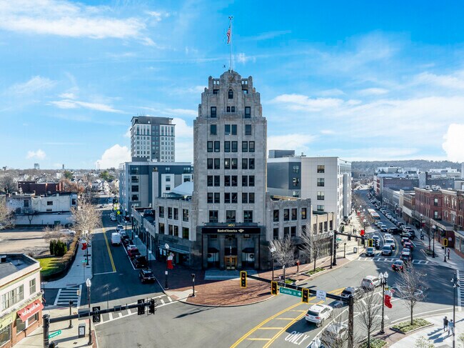 Aerial view of Hancock and Granite Streets in Quincy Center