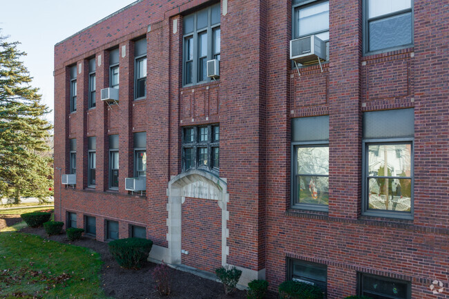 There are brick facades at Immanuel Lutheran School.