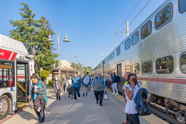 The regional Caltrain’s Stanford station is 2 miles south from Crescent Park.